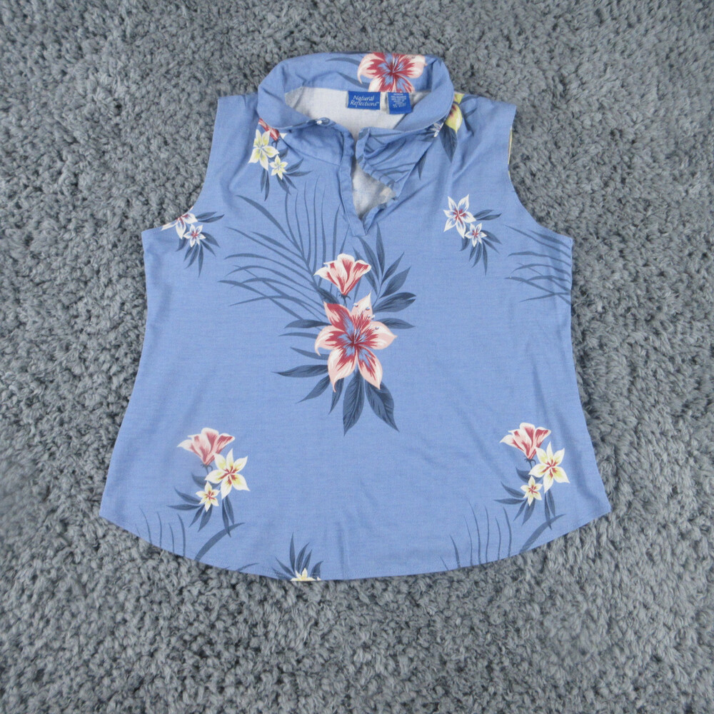 Natural Reflections Shirt Womens Medium Blue Floral Sleeveless Collared Polo